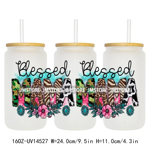 Floral Blessed Mama Leopard Mom 16OZ UV DTF Cup Wraps Ready To Apply Waterproof Transfer Stickers For Libbey Glass Can Tumbler