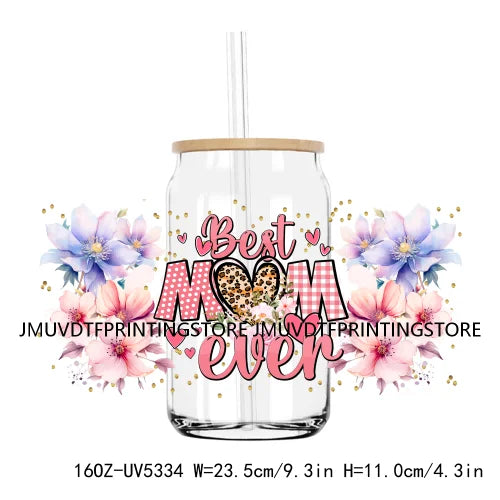 Best Mama With Flowers Mother's Day UV DTF Sticker For 16OZ Libbey Glass Cup Can Mom Wrap Transfer Sticker Custom Label DIY Logo