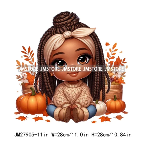 New Autumn Chibi Black Baby Girls Cartoon Afro Princess Pumpkin Fall Season DTF Iron On Heat Press Transfer Stickers For Hoodies