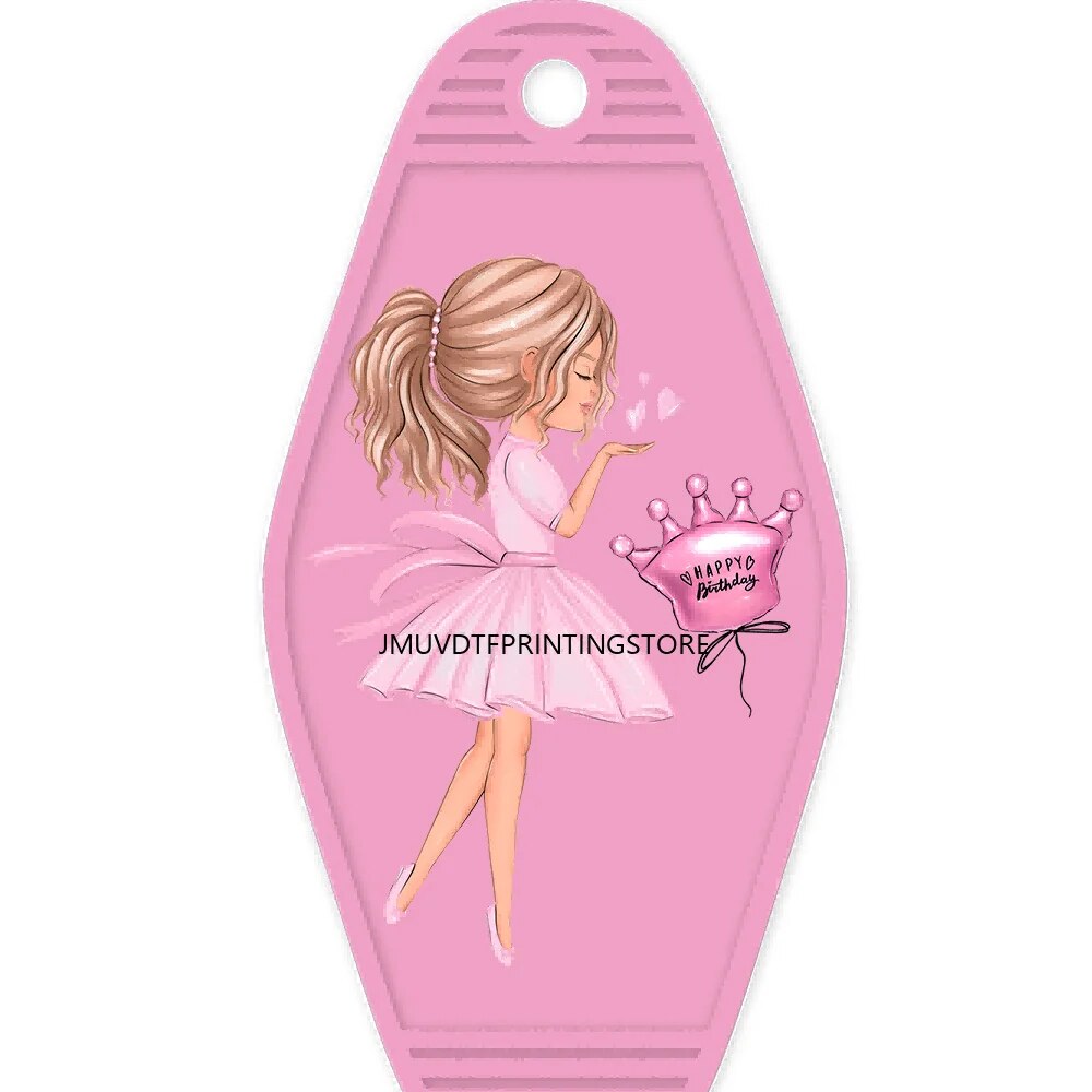 Happy Birthday Pink Girls With Coffee High Quality WaterProof UV DTF Sticker For Motel Hotel Keychian Cute Girl Kids