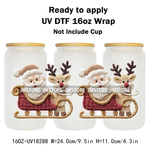 Faux Yarn Christmas Reindeer UV DTF Cup Wrap Ready To Apply Transfer Stickers Durable 16OZ Tumbler Wraps For Libbey Glass Can
