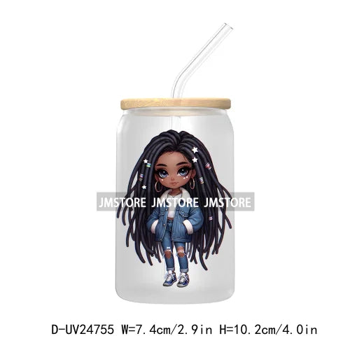 Black Chibi Girl UV DTF Transfers Stickers Decals For Libbey Cold Cups Mugs Tumbler Waterproof DIY Craft Beautiful Afro Woman