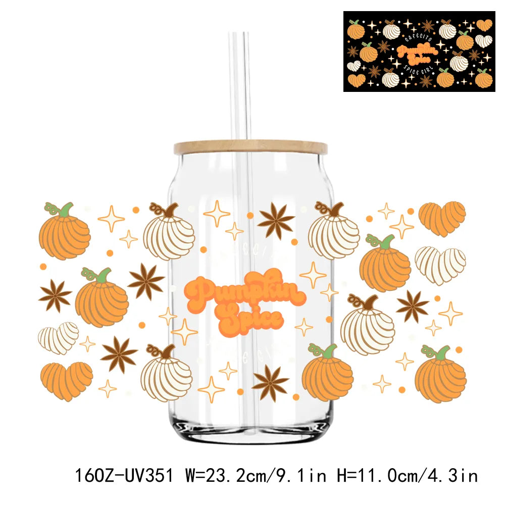 Fall Season Autumn Pumpkin 16OZ UV DTF Cup Wrap Transfers Stickers DIY Durable Waterproof Logo For Libbey Glass Can