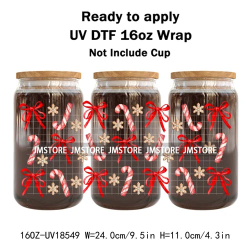 Preppy Christmas Candy Cane Xmas Tree UV DTF Cup Wrap Ready To Apply Transfer Stickers 16OZ Tumbler Wraps For Libbey Glass Can