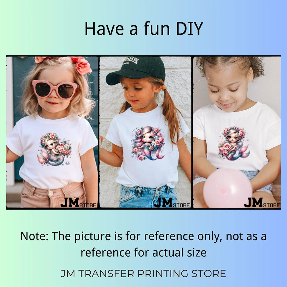 15cm 5.9in Cute Kid Flower Mermaid Iron On DTF Heat Transfer Sticker For Clothes Printed Thermal Applique Washable T-Shirt Decal