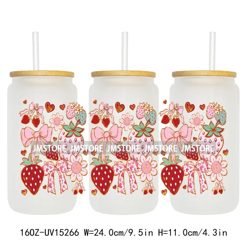 Floral Strawberry Coquette Bow 16OZ UV DTF Cup Wraps Ready To Apply Waterproof Transfer Stickers For Libbey Glass Can Tumbler