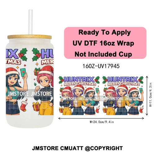 Kpop Demon Inspired Movie Christmas Santa Hat 16OZ UV DTF Cup Wrap Ready To Apply Durable Transfer Stickers For Libbey Glass Can