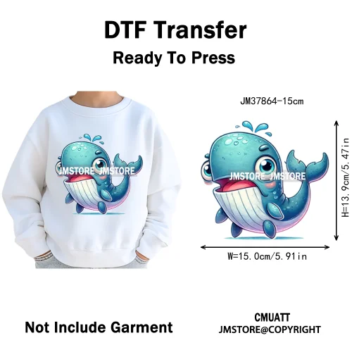 15cm 5.9in Cute Sea Underwater Animal Quirky Fish Octopus Decals Washable Iron On DTF Heat Transfers Stickers For Kids T-Shirts