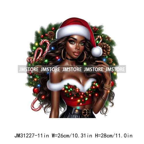 Merry And Bright Melanin Christmas Winter Festive Cheer Santa Woman Iron On DTF Transfer Stickers Ready To Press For Sweatshirts