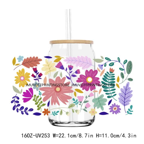 Colorful Wild Floral Flowers 16OZ UV DTF Cup Wrap Transfers Stickers Custom Labels DIY Waterproof Logo For Libbey Glass Can