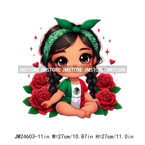 Cute Chibi Mexican Girl Designs Hispanic Red Rose Green Coquette Bow Latina Princess Iron On DTF Transfers Stickers For T-shirts