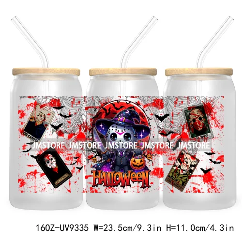 Horror Characters 16OZ UV Cup Wrap DTF Transfer Stickers For Libbey Glass Can Cups Tumbler Waterproof Labels Halloween Skull