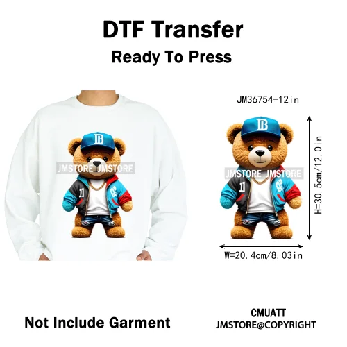 12in Cool Retro Urban Streetwear Graffiti Hip Hop Teddy Bear Iron On DTF Washable Transfers Stickers Ready to Press For Clothing