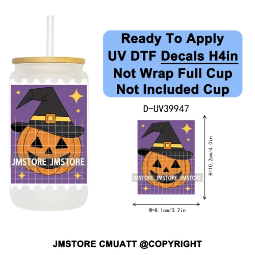 Halloween Stamps Trick Or Treat UV DTF Decals Ready To Apply Waterproof Transfer Stickers DIY Crafts For 16OZ Libbey Glass Can