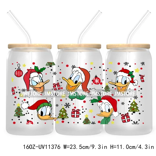 Cute Kids Cartoon Character With Christmas Lights Tree Xmas Holiday UV DTF Transfer 16OZ Libbey Glass Can Wrap Ready to Apply