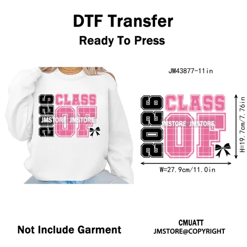 High School Senior 2026 Graduation Club Coquette Gifts Iron on Washable DTF Heat Transfers Stickers Ready to Press for Clothes