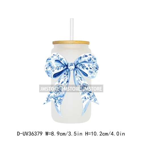 Blue Chinoiserie Coquette Bow UV Sticker Decals For Libbey Cold Cups Mug Tumbler Transfer Stickers Waterproof Top Quality Prints