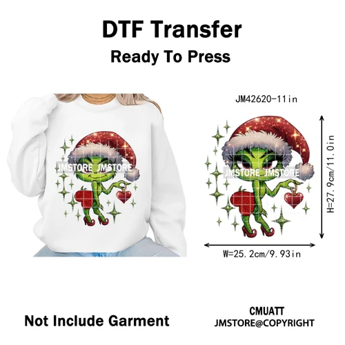 Faux Glitter Cartoon Christmas Movie Green Santa Kid Girly Xmas Iron on DTF Washable Transfer Sticker Ready to Press for Textile