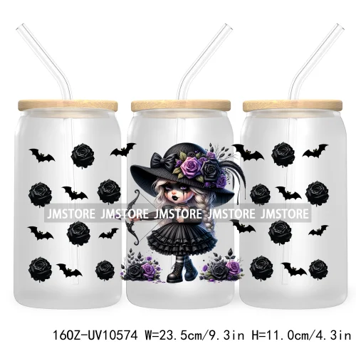 Gothic Girl Gnomes Halloween 16OZ UV Cup Wrap DTF Transfer Stickers For Libbey Glass Can Cups Tumbler Labels Spooky Bats Witch