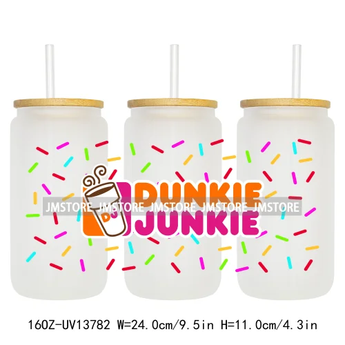 Dunkie Junkie Coffee Donuts UV DTF Wraps Transfer Sticker Selfadhesive Waterproof High Quality For 16OZ Libbey Glass Can Tumbler