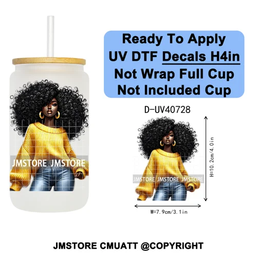 Big Hair Fashionable Black Girl UV DTF Decals Ready To Apply Waterproof Transfer Stickers DIY Crafts For 16OZ Libbey Glass Can