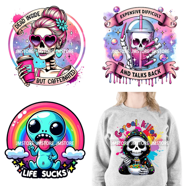 Colorful Coffee Skull Mom Life Boujee Sarcastic Good Moms Say Bad Words DTF Iron On Transfer Stickers Ready To Press For Clothes