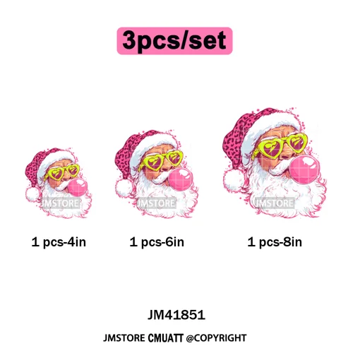 Pink Cartoon Glasses Coffee Drink Leopard Blowing Santa Claus Christmas Iron on DTF Transfer Stickers Ready to Press for T-shirt