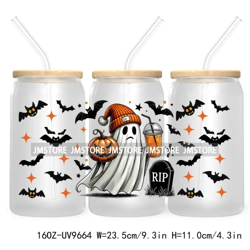 Spooky Ghost Fall Halloween Pumpkin Season UV DTF Sticker For 16OZ Libbey Glass Cup Can Autumn Leaves Wrap Transfer Stickers