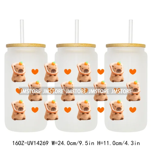 Cute Capybara Flower Heart UV DTF Wraps Transfer Sticker Selfadhesive Waterproof High Quality For 16OZ Libbey Glass Can Tumbler