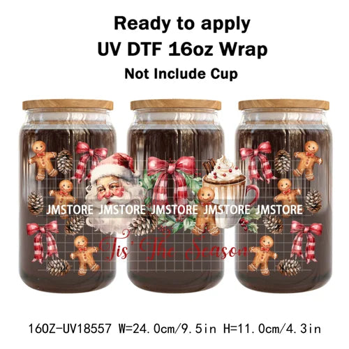 Preppy Christmas Candy Cane Xmas Tree UV DTF Cup Wrap Ready To Apply Transfer Stickers 16OZ Tumbler Wraps For Libbey Glass Can