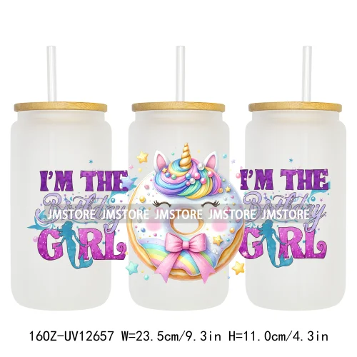 Unicorn Birthday Girl Gifts Coquette Bow Girly Princess 16OZ UV DTF Cup Wrap Transfer Stickers Waterproof For Libbey Glass Can