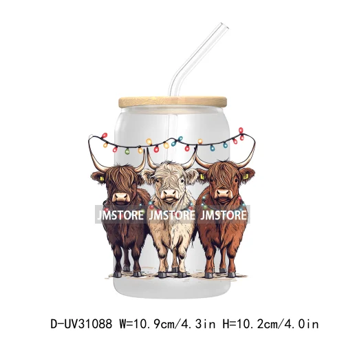 Howdy Highland Cow Christmas Cowboy Western Country Christmas UV DTF Transfer Stickers Decals For Libbey Cold Cups Mugs Tumbler