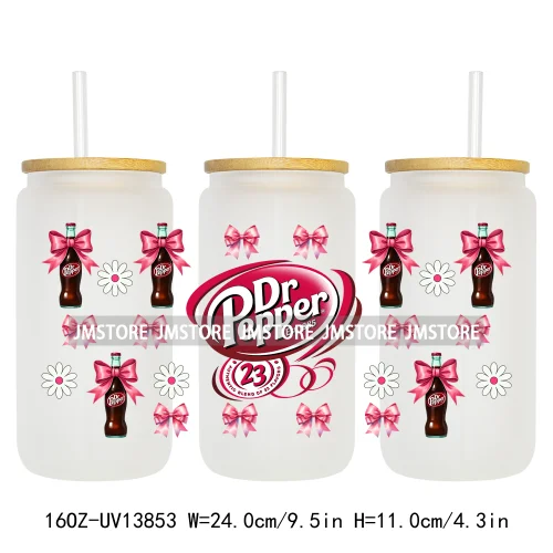 Soft Drink Pink Bow Coquette Strawberry UV DTF Wraps Transfer Sticker Selfadhesive Waterproof  For 16OZ Libbey Glass Can Tumbler