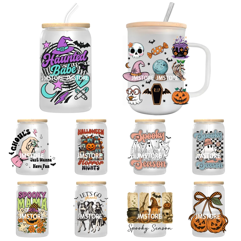 Retro Spooky Season Halloween Ghost Boo Gift UV DTF Transfer Stickers Decals Ready To Apply Waterproof For 16OZ Libbey Glass Can