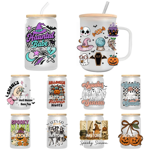 Retro Spooky Season Halloween Ghost Boo Gift UV DTF Transfer Stickers Decals Ready To Apply Waterproof For 16OZ Libbey Glass Can