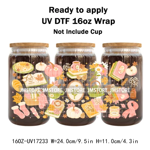 Bookish Autumn Fall Coquette Pumpkins Season UV DTF Wraps Transfer Sticker Selfadhesive Waterproof For 16OZ Libbey Glass Can Mug