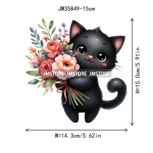 15cm 5.9in Kids Cute Flower Heart Love Valentine Black Cat Iron On Heat Transfer Sticker For Clothes Print Vinyl Washable Decal