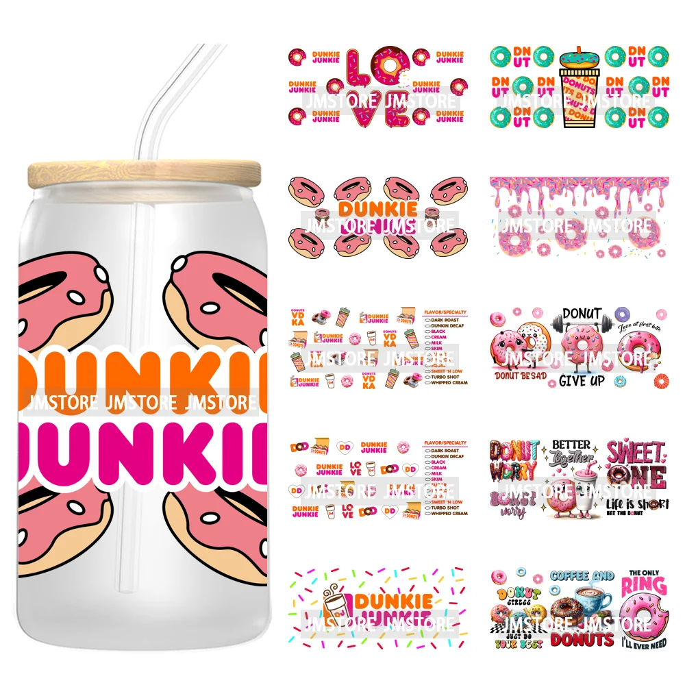 Dunkie Junkie Coffee Donuts UV DTF Wraps Transfer Sticker Selfadhesive Waterproof High Quality For 16OZ Libbey Glass Can Tumbler