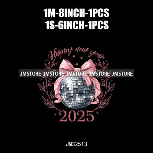 Pink Cheer New Year Eve 2025 Disco Ball Coquette Bow Christmas Party Iron On DTF Transfer ticker Ready To Press For Sweatshirt