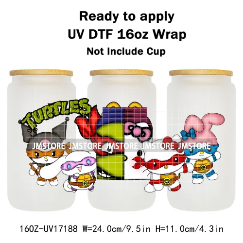 Coquette Bow Cartoon Turtles Characters 16OZ UV DTF Cup Wraps Ready To Apply Waterproof Transfer Stickers For Libbey Glass Can