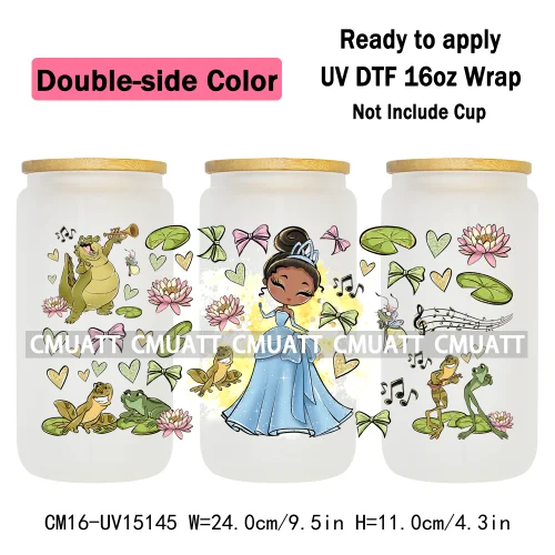 Double Sided Color UV DTF Cup Wraps 16OZ Bulk Waterproof Wholesale Custom Cartoon Cute Princess Mug Glass Water Bottles Sticker