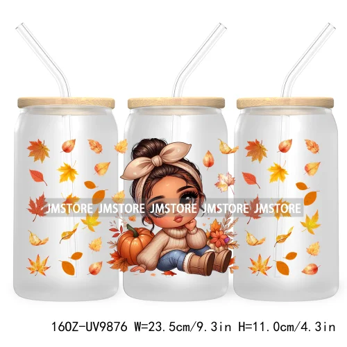 Mexican Latina Chibi Autumn Baby Girl UV DTF Sticker For 16OZ Libbey Glass Cup Can Wrap Transfer Stickers Custom Labels DIY Logo