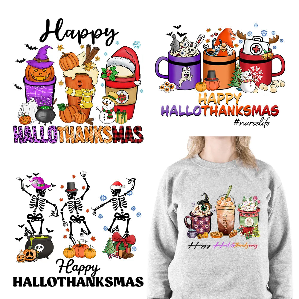 Eat Drink And Be Thankful Hallothanksmas Decals Santa Gnome Coffee Cup Animal Pumpkin Iron On DTF Transfer Sticker For Clothing