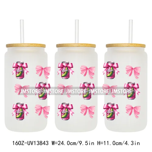 Soft Drink Pink Bow Coquette Strawberry UV DTF Wraps Transfer Sticker Selfadhesive Waterproof  For 16OZ Libbey Glass Can Tumbler