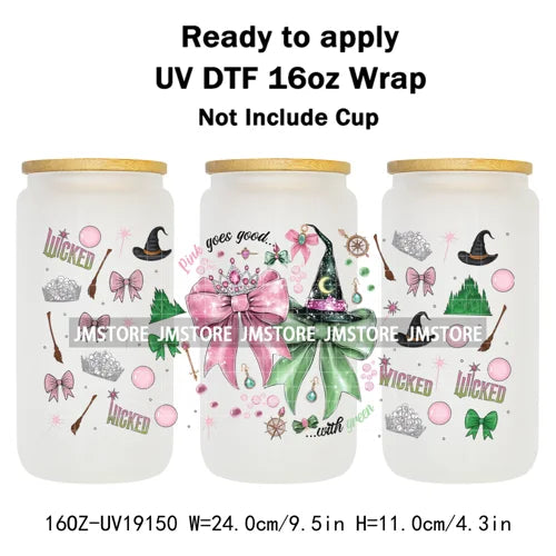 Coquette Green Pink Wicked Witch 16OZ UV DTF Cup Wraps Ready To Apply Waterproof Transfer Stickers For Libbey Glass Can Tumbler