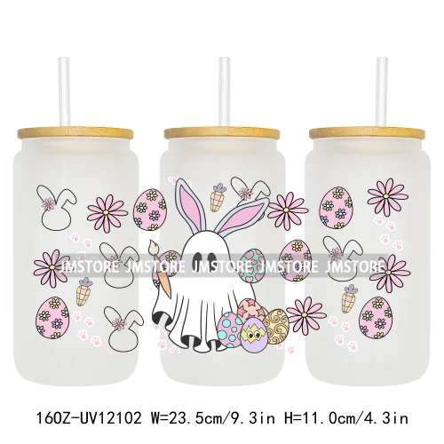 Retro Easter Bunny Rabbit Eggs Flowers 16OZ UV Cup Wrap DTF Transfer Stickers For Libbey Glass Can Cup Tumbler Waterproof Labels