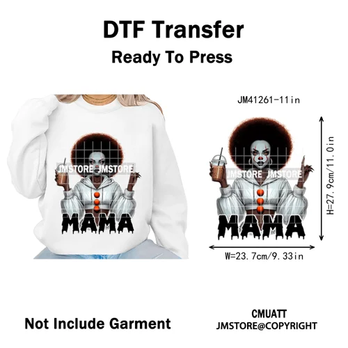 Coffee Lover Afro Mama Spooky Halloween Killer Cartoon Women Iron on Washable DTF Transfers Stickers Ready to Press for Hoodies