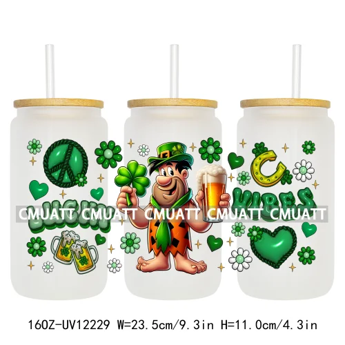 Cartoon Princess Girls St Patricks' Day Lucky Vibes 16OZ UV DTF Cup Transfer Wrap Sticker Waterproof Logos For Libbey Glass Can