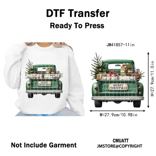 Christmas Pickup Truck Car Winter Tree Snowy Holiday Decoration Iron on DTF Heat Transfers Stickers Ready to Press for Clothing