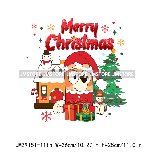 Cute Cartoon Blue Dog Family Character Merry Christmas Vibes Decals Iron On DTF Transfers Stickers Ready To Press For Sweatshirt